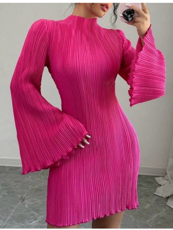 no brand Dresses & Skirts - Pleated Bell-Sleeve Midi Dress in Vibrant Pink